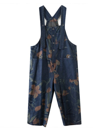 Trendy women's cotton denim dungarees-printed strap design