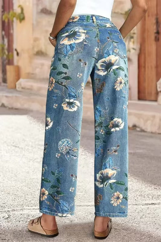Women's Printed Denim Spring And Autumn Straight Wide-leg Pants