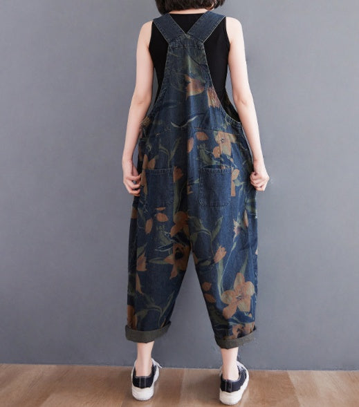 Trendy women's cotton denim dungarees-printed strap design