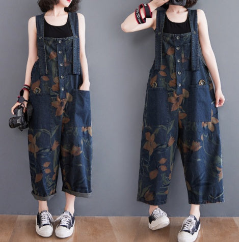 Trendy women's cotton denim dungarees-printed strap design