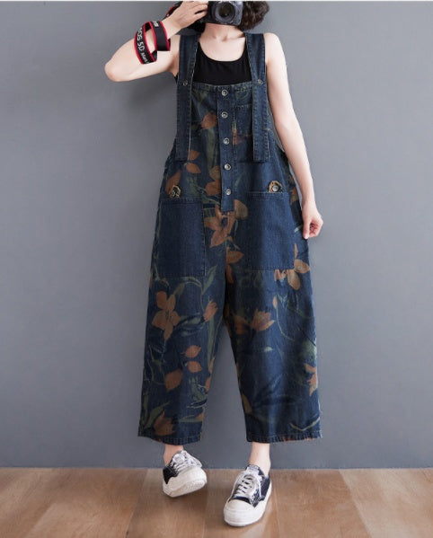 Trendy women's cotton denim dungarees-printed strap design