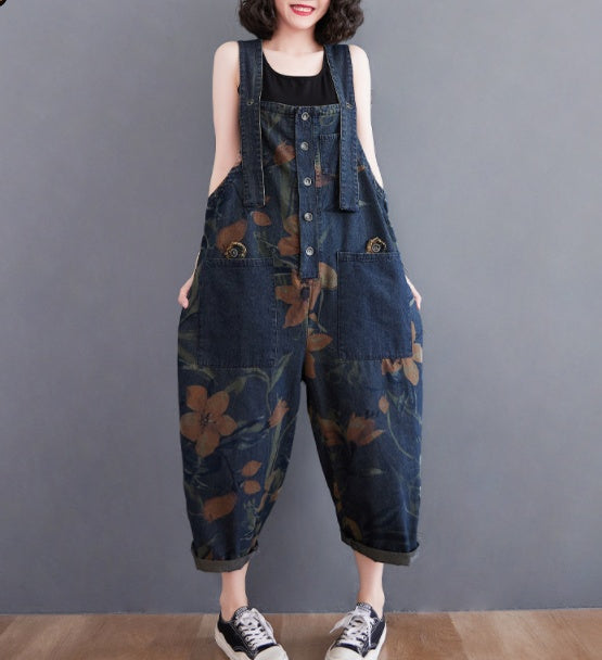 Trendy women's cotton denim dungarees-printed strap design