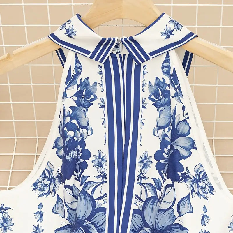 Women's Floral Print Halter Neck Maxi Dress - Tie-Waist A-Line Summer Dress