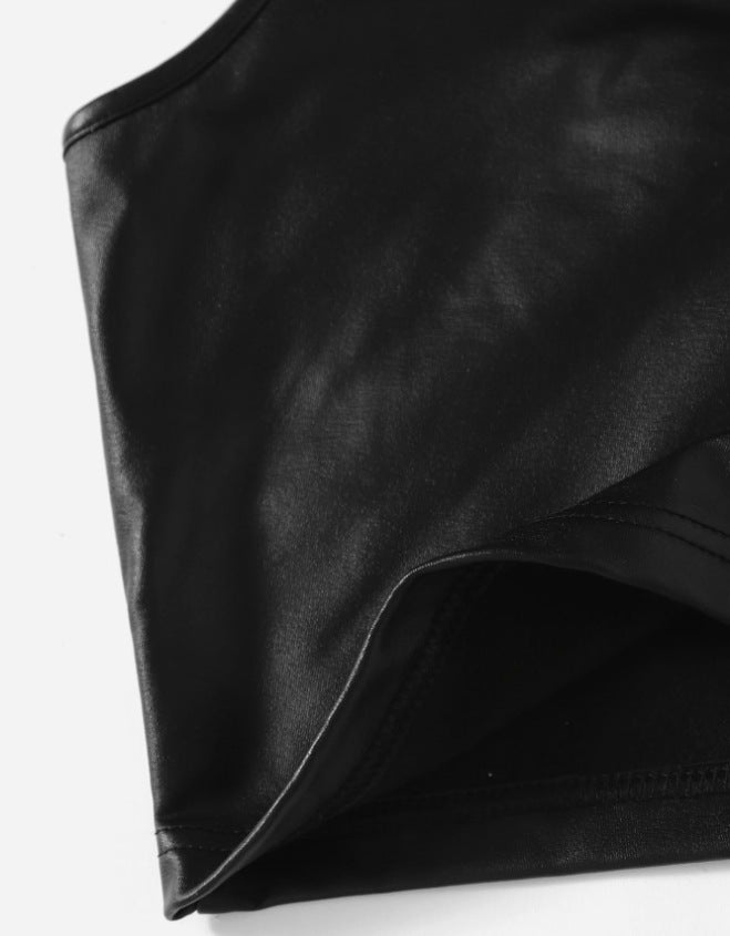 Stylish one-shoulderFaux leather crop vest-women's Top