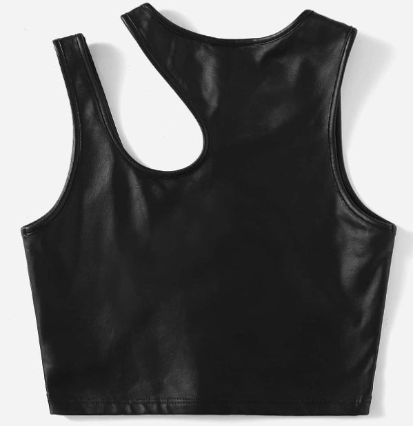 Stylish one-shoulderFaux leather crop vest-women's Top