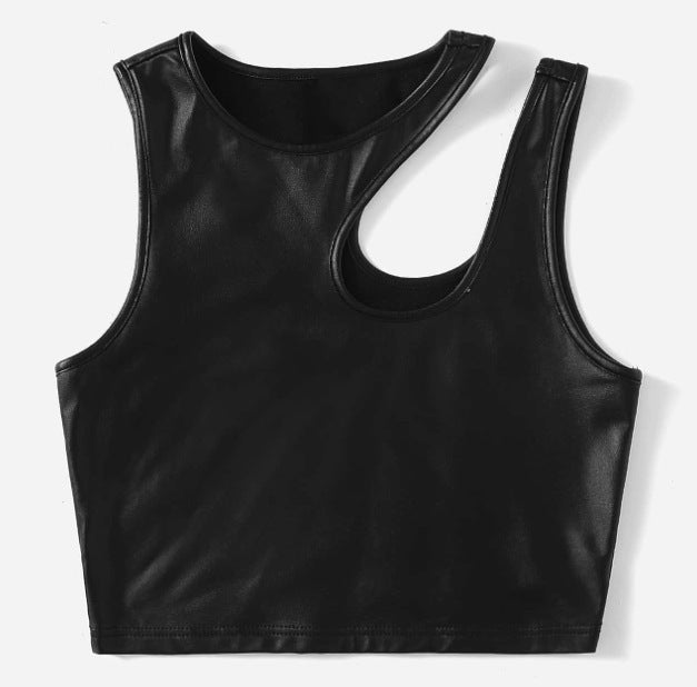 Stylish one-shoulderFaux leather crop vest-women's Top