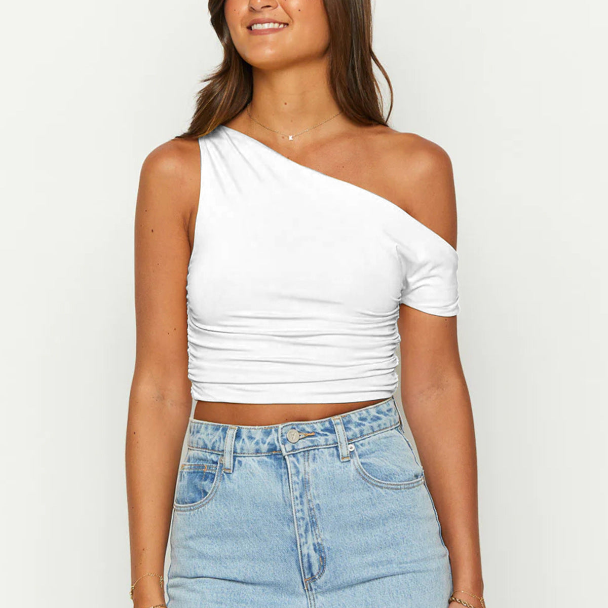 One-shoulder Oblique Collar Crop Top