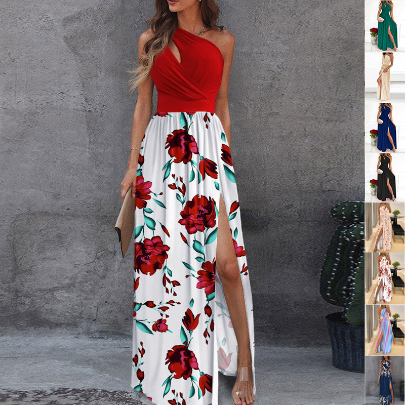 Rose Print Split Dress Summer Fashion One-shoulder Long Dress