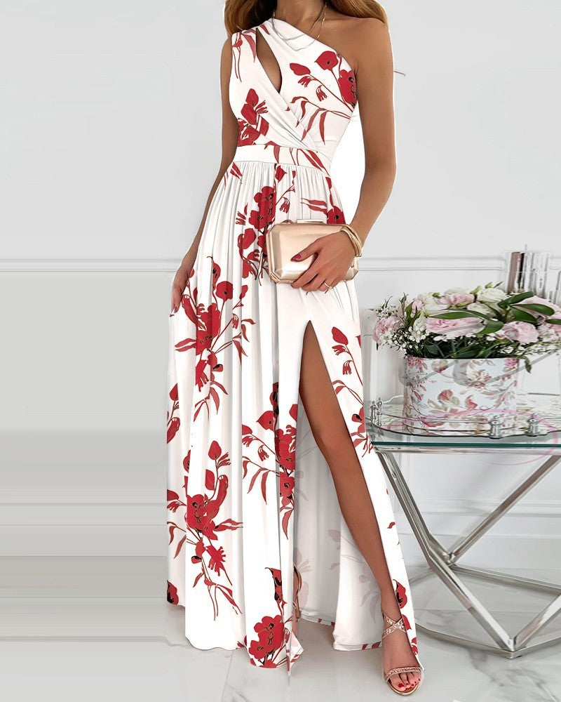 Rose Print Split Dress Summer Fashion One-shoulder Long Dress