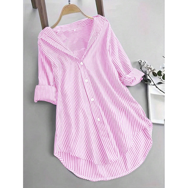 Women Oversized Button Down Striped Shirts Casual Long Sleeve Boyfriend Blouse Top