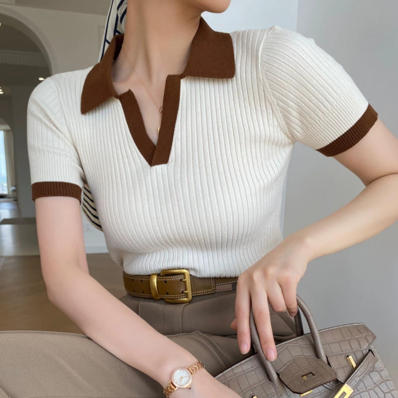 Women's French Retro Color Effect Collar Knitted Short Sleeve