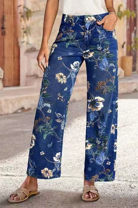 Women's Printed Denim Spring And Autumn Straight Wide-leg Pants