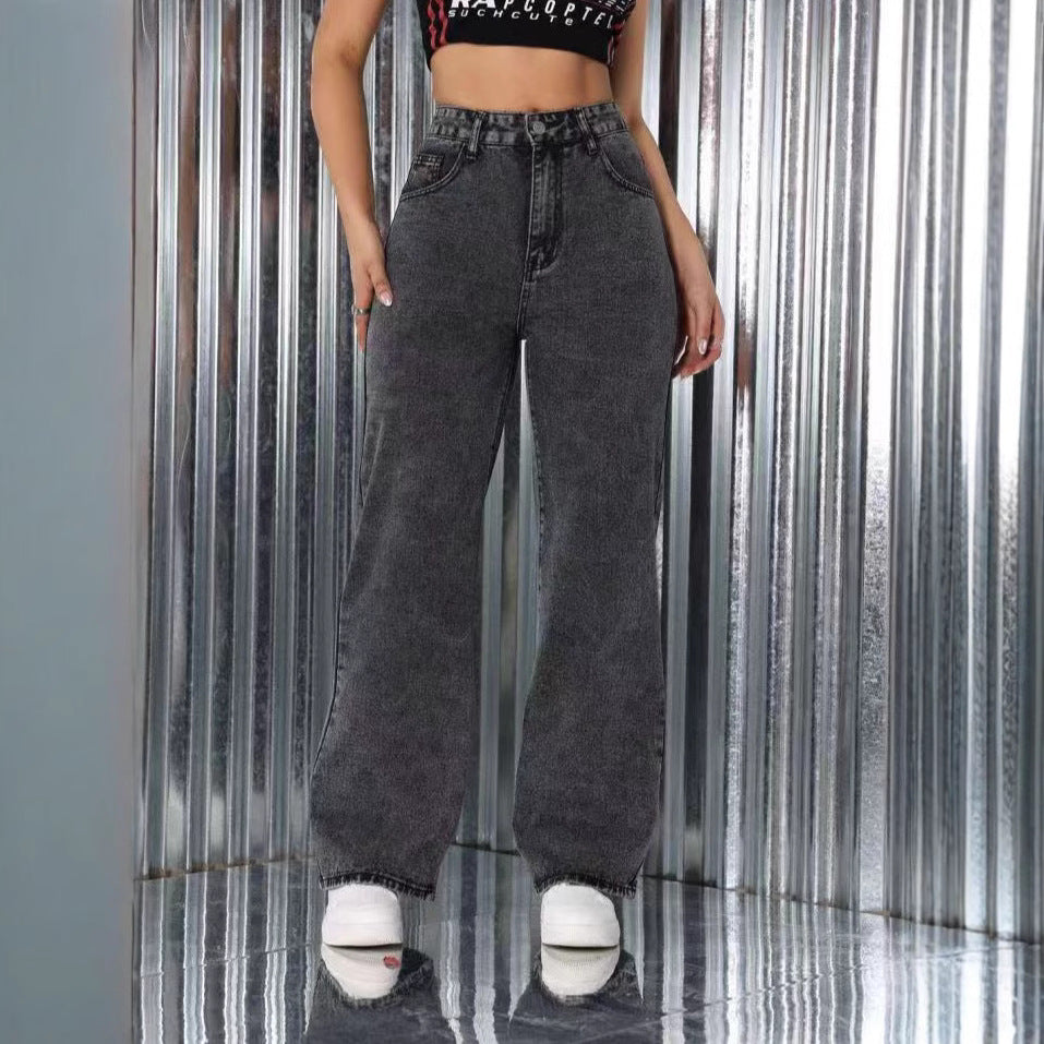 Embroidered Jeans High Waist Straight Loose Casual Trousers Women