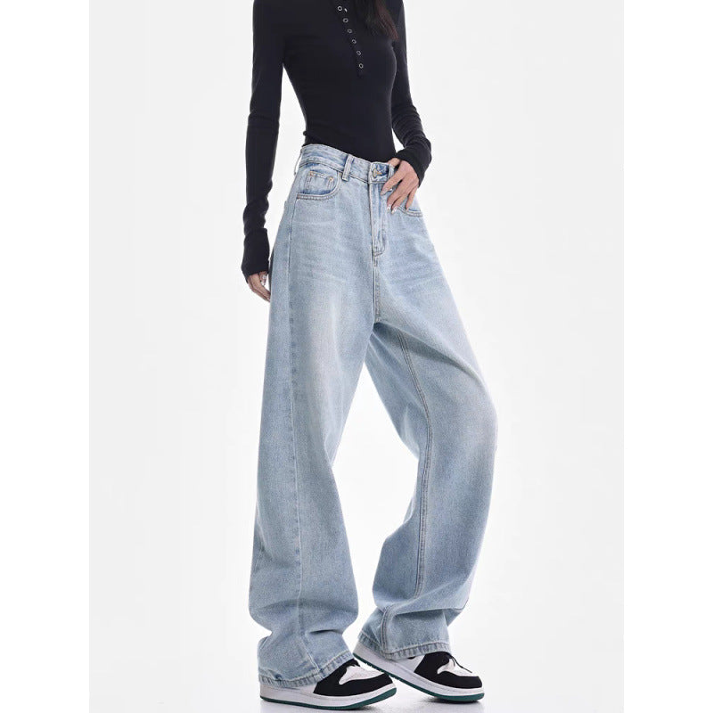 Light Blue High Waist Jeans Matchet Pants Women Straight