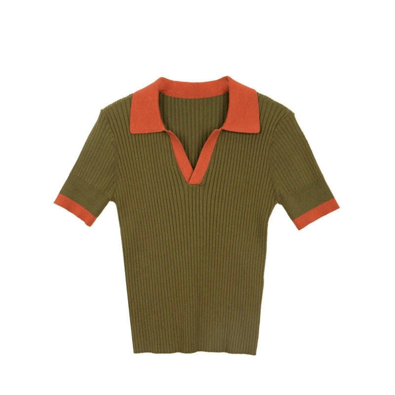 Women's French Retro Color Effect Collar Knitted Short Sleeve