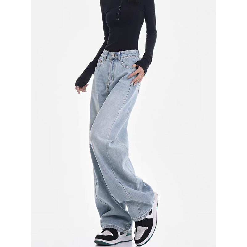 Light Blue High Waist Jeans Matchet Pants Women Straight