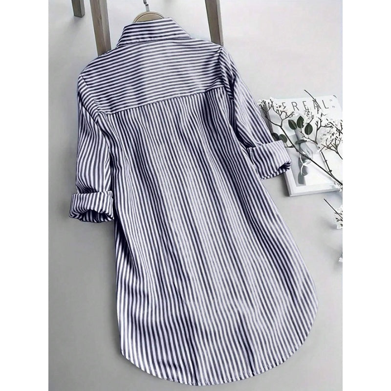 Women Oversized Button Down Striped Shirts Casual Long Sleeve Boyfriend Blouse Top